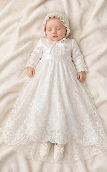 Baby Christening Gown Modest Princess Ball Gown Long Sleeve Illusion Tulle Lace Floor-Length with Bonnet in Ivory
