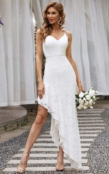 Lace Spaghetti Asymmetrical Casual Drapped Wedding Dress