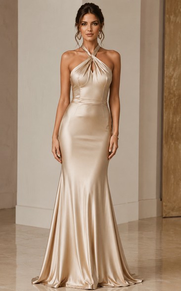 Sheath Satin Evening Dress with Halter, Sleeveless and Drape, Floor Length
