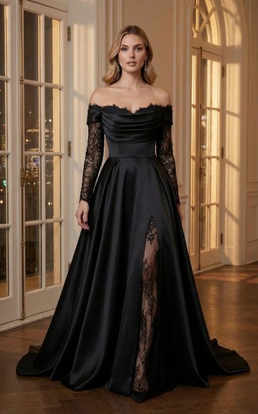 Black Satin Evening Dress A-Line Off Shoulder Long Sleeve Lace Formal Gown with Slit