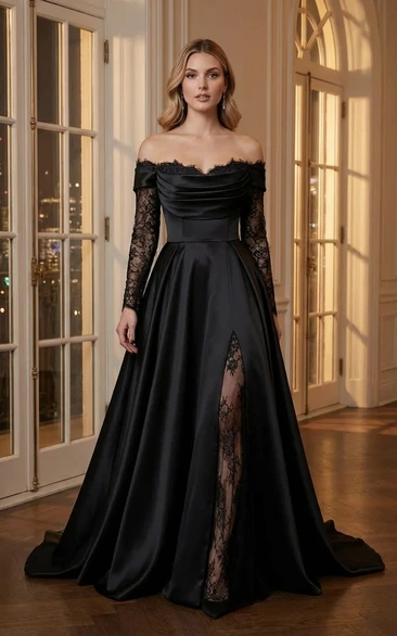 Black Satin Evening Dress A-Line Off Shoulder Long Sleeve Lace Formal Gown with Slit