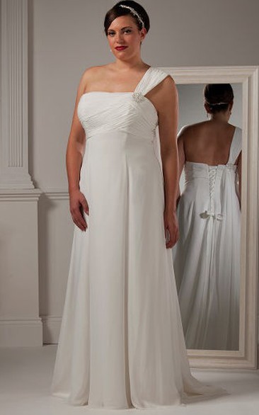 One Shoulder A-Line Bridal Gown With Crystal And Lace Up