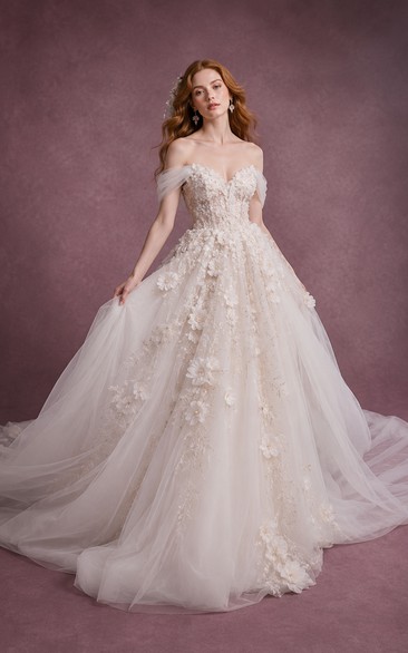 Off-the-Shoulder Lace Ball Gown Wedding Dress with Applique Train