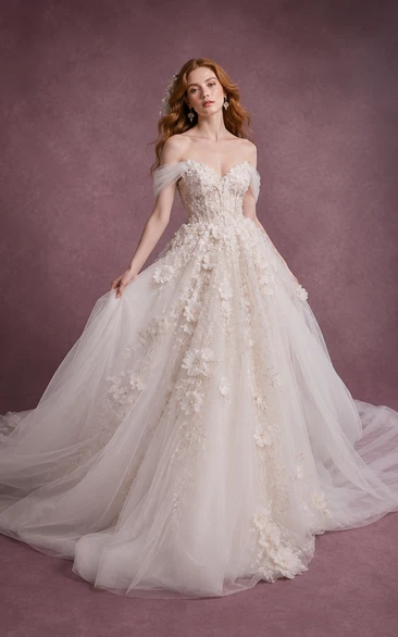 Robe de mariée de bal en dentelle à épaules dénudées avec traîne ornée d'appliqués