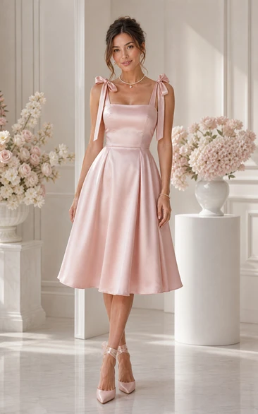Pearl Pink Satin Bow Strap Tea-Length Dress