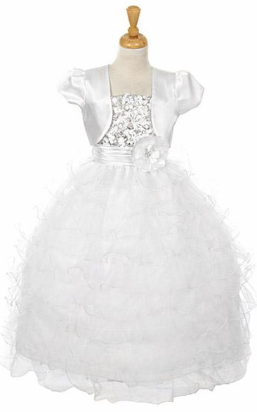 Bolero Ankle-Length Floral Sequins&Organza Flower Girl Dress With Ribbon