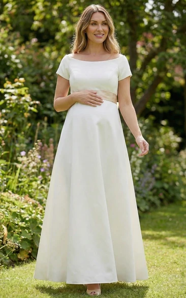 Simple White Satin Maternity Wedding Dress with Bateau Neck
