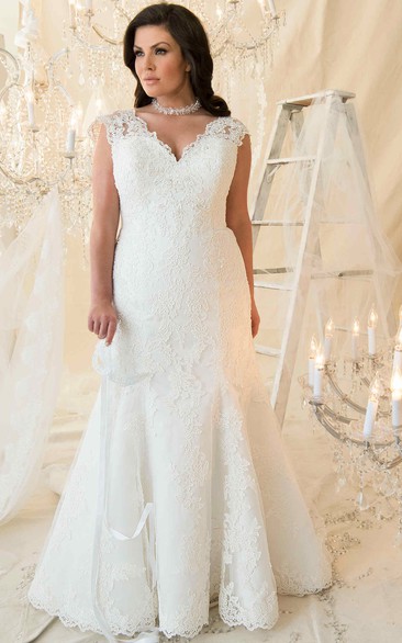 Mermaid Cap-Sleeve V-Neck Lace Plus Size Wedding Dress With Lace Up