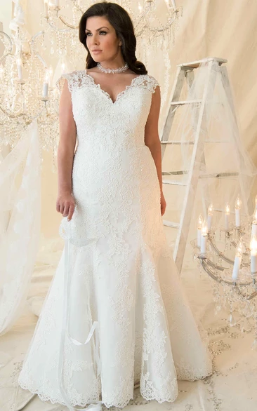 Mermaid Cap-Sleeve V-Neck Lace Plus Size Wedding Dress With Lace Up