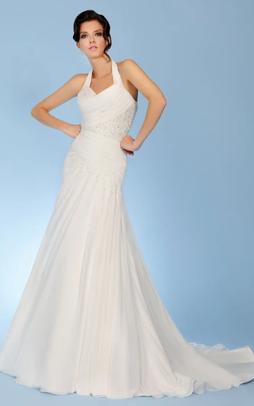Trumpet Sleeveless Halter Beaded Long Chiffon Wedding Dress With Corset Back And Ruching
