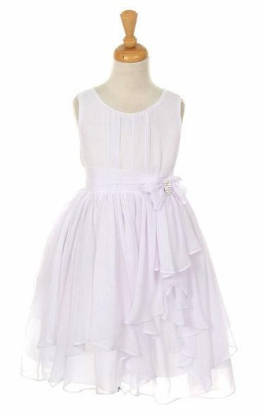 Tea-Length Broach Bowed Chiffon Flower Girl Dress