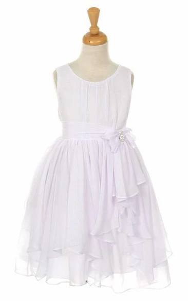 Tea-Length Broach Bowed Chiffon Flower Girl Dress