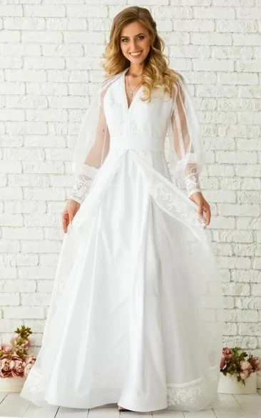 Modern A Line Tulle Floor-length Long Sleeve Zipper Wedding Dress with Ruching