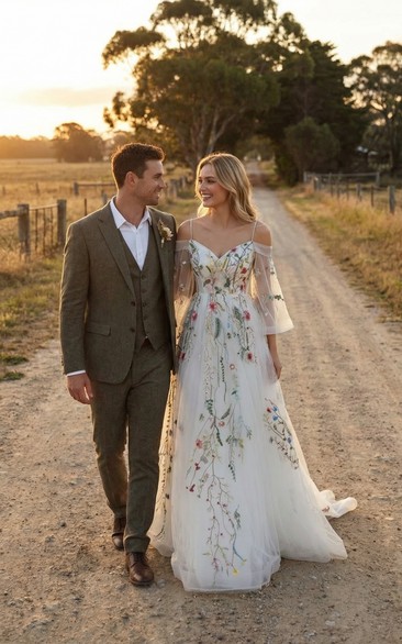 Ethereal Wildflower Embroidered Tulle Wedding Dress with Off-Shoulder Sleeves