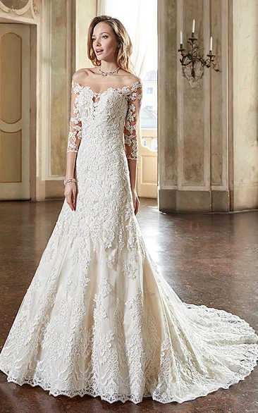 A-Line Long Off-The-Shoulder 3-4-Sleeve Lace Wedding Dress With Appliques And Illusion