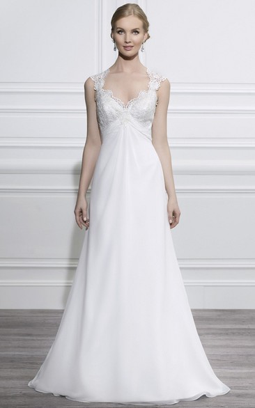 V-Neck Maxi Cap-Sleeve Appliqued Chiffon Wedding Dress With Court Train And V Back