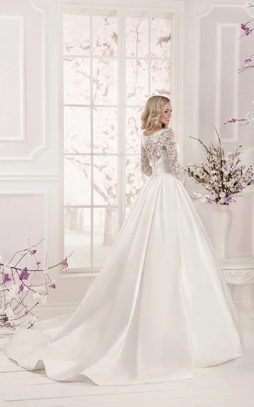 Lace Top Long Sleeve Floor Length Satin Applique Bridal Dress