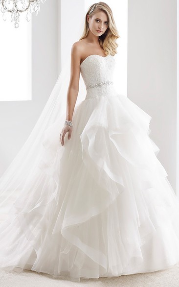 Strapless Open-Back A-Line Bridal Gown With Ruffles And Beaded Belt