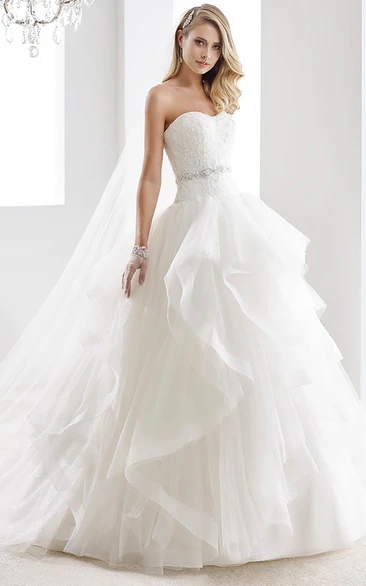 Strapless Open-Back A-Line Bridal Gown With Ruffles And Beaded Belt