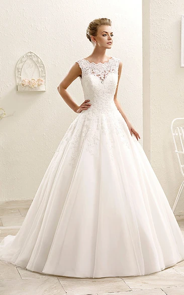 Ball Gown Appliqued Sleeveless Maxi Scoop-Neck Wedding Dress