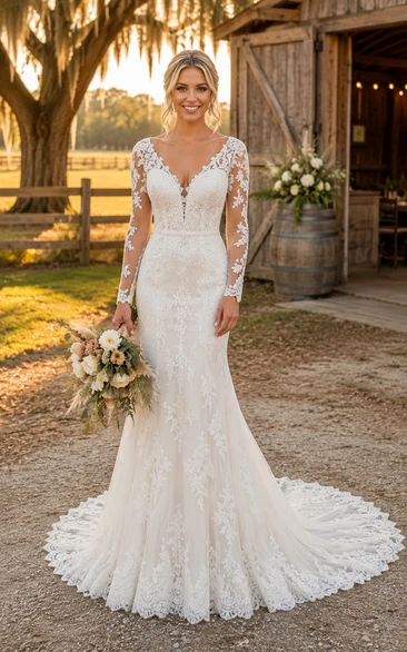 Long Sleeve V-Neck Mermaid Lace Country Wedding Dress with Low Back and Train