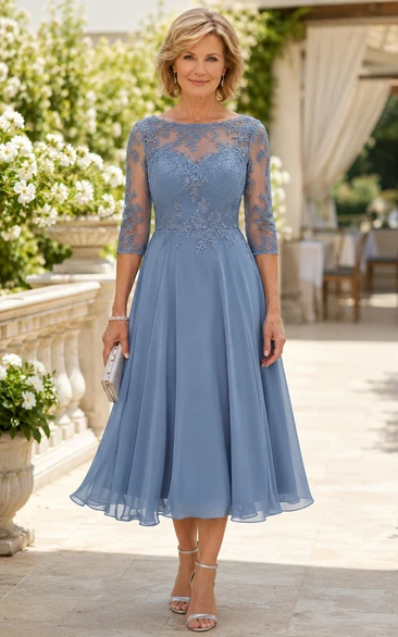 Steel Blue A-Line Lace 3/4 Sleeve Tea-Length Mother Dress
