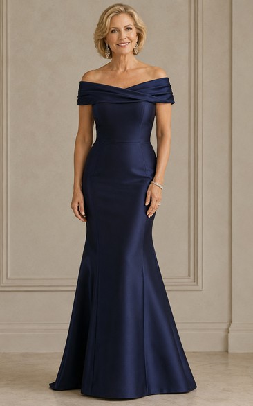 Mermaid Off-the-Shoulder Short Sleeve Stretch Satin Mother Dress with Ruching