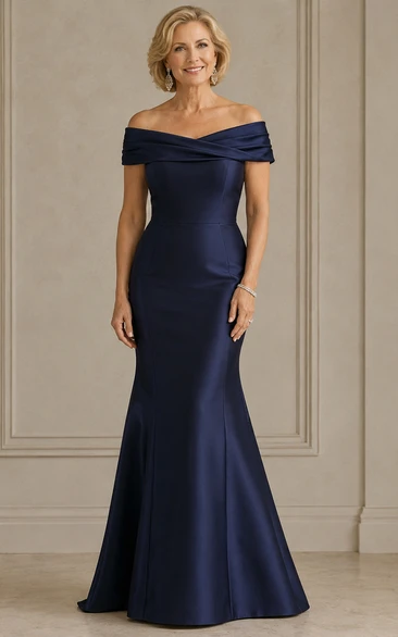 Mermaid Off-the-Shoulder Short Sleeve Stretch Satin Mother Dress with Ruching