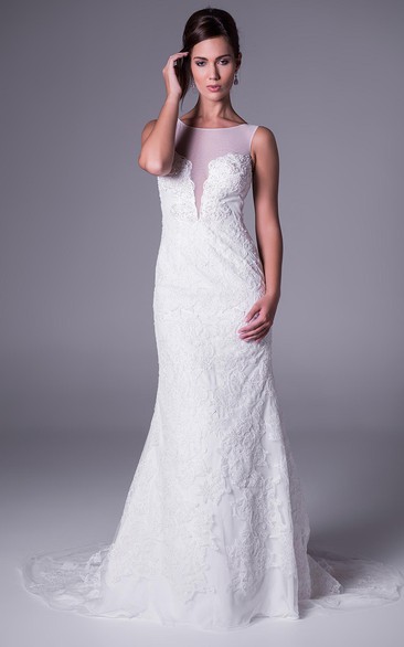 Sheath Floor-Length Sleeveless Scoop-Neck Appliqued Lace Wedding Dress