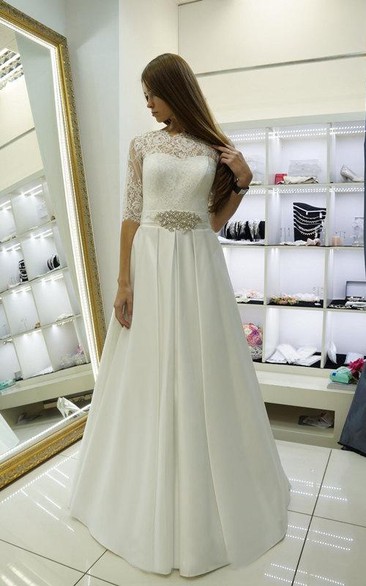 Half Sleeve Lace and Satin Dress With Beadwork and Pleats