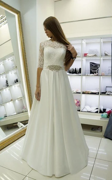 Half Sleeve Lace and Satin Dress With Beadwork and Pleats