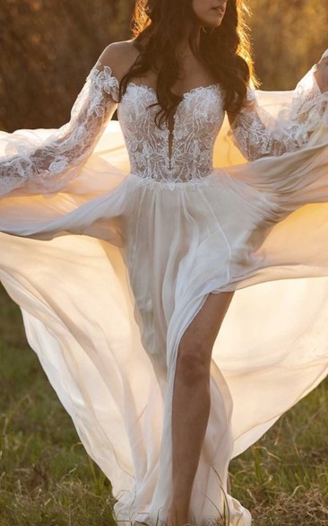 Bohemian Off-Shoulder Chiffon Wedding Dress with Bell Sleeves