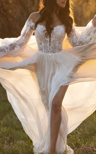 Bohemian Off-Shoulder Chiffon Wedding Dress with Bell Sleeves