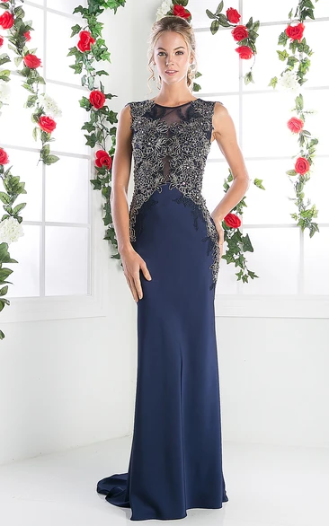Sheath Long Jewel-Neck Sleeveless Jersey Illusion Dress With Appliques