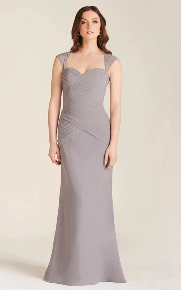 Sheath Cap-Sleeve Criss-Cross Floor-Length Chiffon Bridesmaid Dress