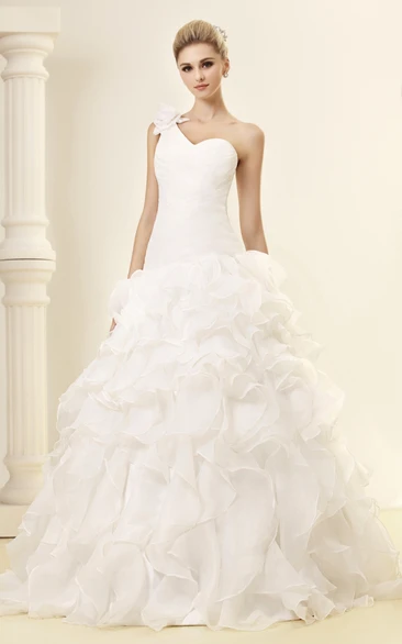 Intricate Ruched A-Line Gown With Single Strap and Ruffled Skirt