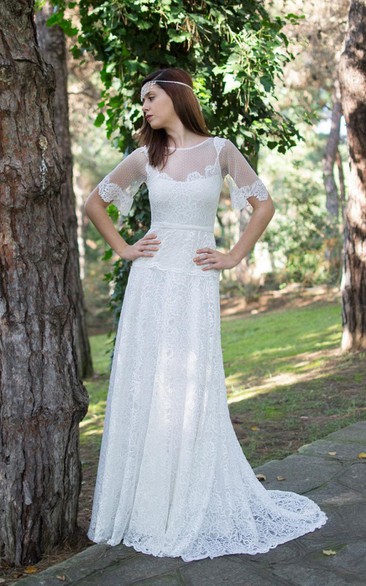 Jewel Short Bell Sleeve Lace Modest Wedding Dress With Illusion Back And Sash