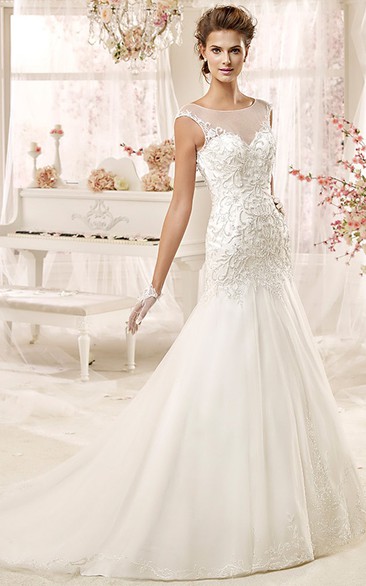 Cap sleeve Illusion Wedding Gown with Beaded Appliques and Open Back