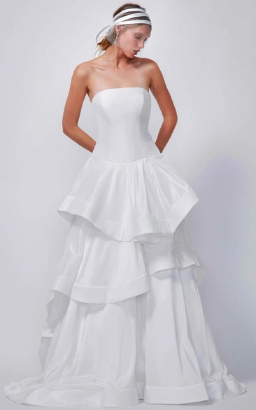 A-Line Floor-Length Strapless Sleeveless Tiered Satin Wedding Dress