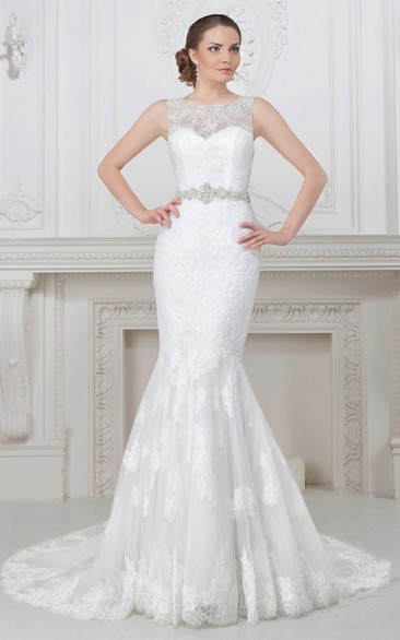 Mermaid Sleeveless Floor-Length Appliqued Bateau-Neck Satin Wedding Dress With Waist Jewellery