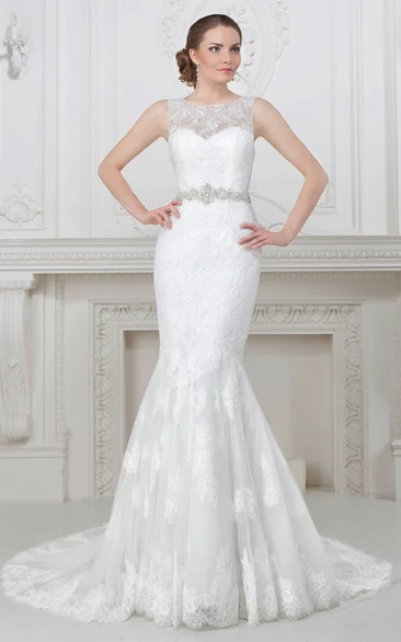 Mermaid Sleeveless Floor-Length Appliqued Bateau-Neck Satin Wedding Dress With Waist Jewellery
