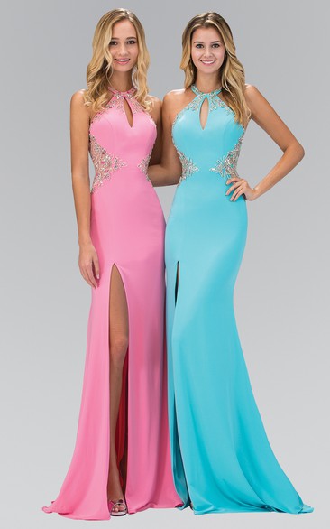 Sheath Long Jewel-Neck Sleeveless Jersey Illusion Dress With Beading And Split Front
