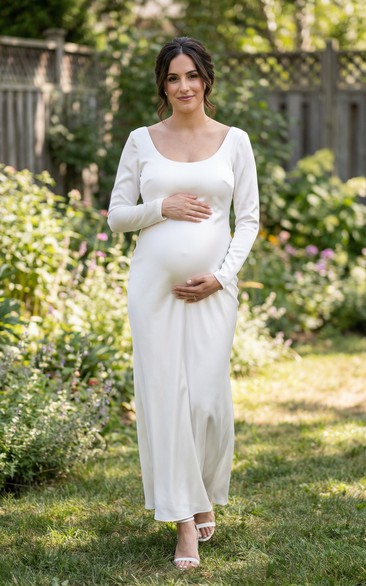 White Long Sleeve Stretch Maternity Wedding Dress with Scoop Neck