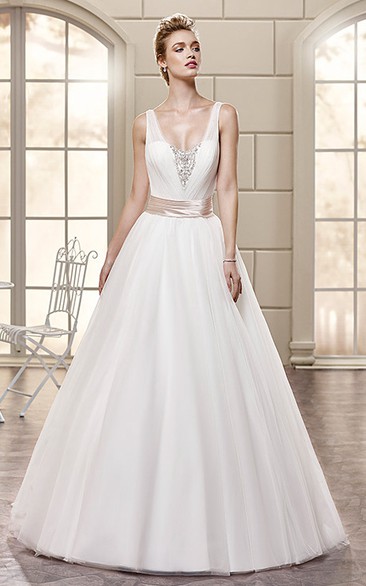 A-Line V-Neck Ruched Long Sleeveless Satin Wedding Dress With Beading