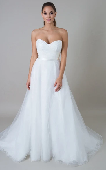 Long Sweetheart Tulle Wedding Dress With Criss Cross And V Back