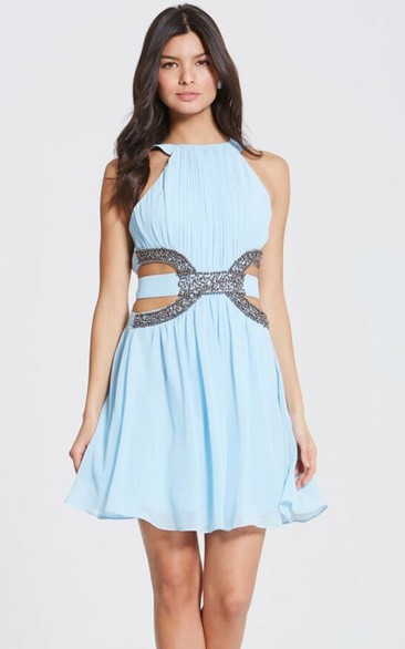 Mini Ruched Jewel Neck Sleeveless Chiffon Bridesmaid Dress