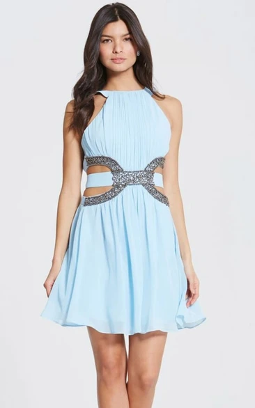 Mini Ruched Jewel Neck Sleeveless Chiffon Bridesmaid Dress