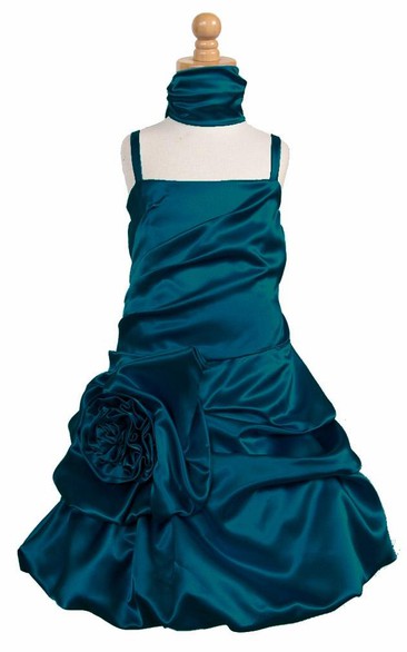 Knee-Length Cape Ruched Floral Satin Flower Girl Dress With Ribbon