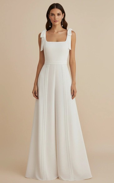 Square Neck Bow Shoulder Wide Leg Wedding Jumpsuit