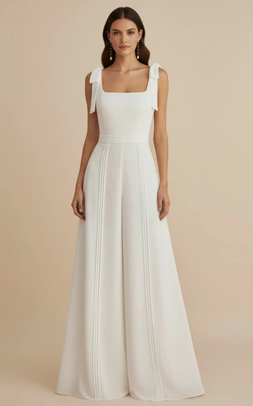 Square Neck Bow Shoulder Wide Leg Wedding Jumpsuit